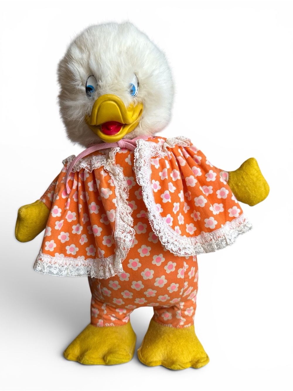 RAREVtg Late60s Early70s Floral Duck Doll FurHead/Tail RubberEyes/Beak ClothBody